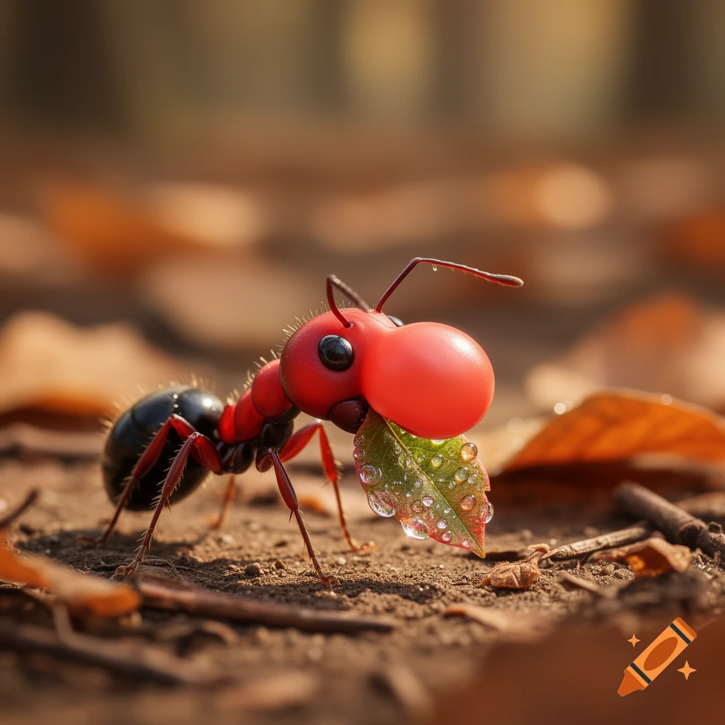 A cute, stylized red and black ant with a large red nose carries a green leaf with water droplets across the dirt, surrounded by fallen leaves.