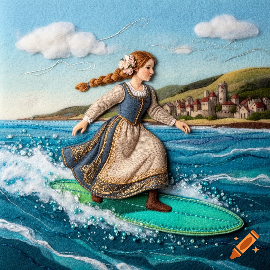 Felt collage of a medieval peasant woman with a long braid surfing on a green board, with a village coastline behind her.