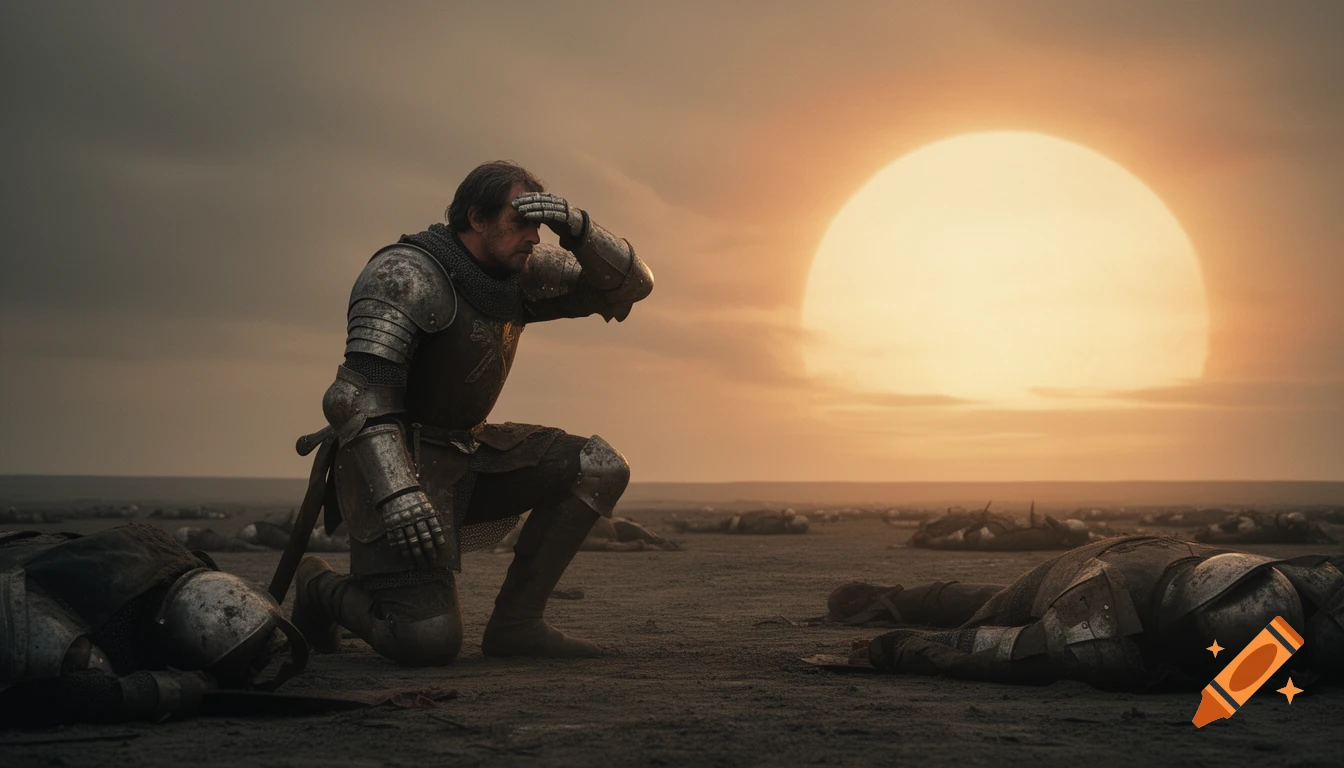 A medieval knight kneels on a barren battlefield, shielding his eyes from a giant sun, surrounded by fallen soldiers.