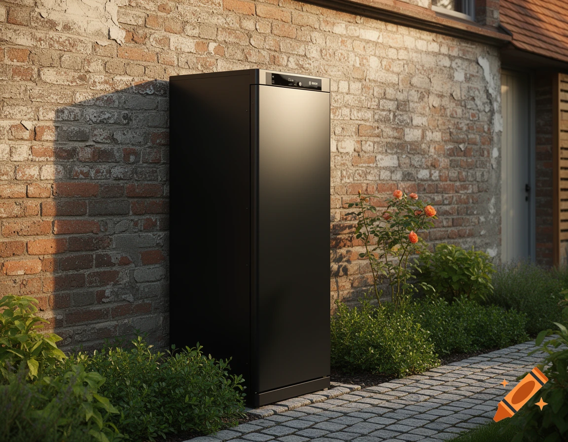 A sleek black Bosch heat pump stands against an old brick house wall with a paved path and rose bushes.