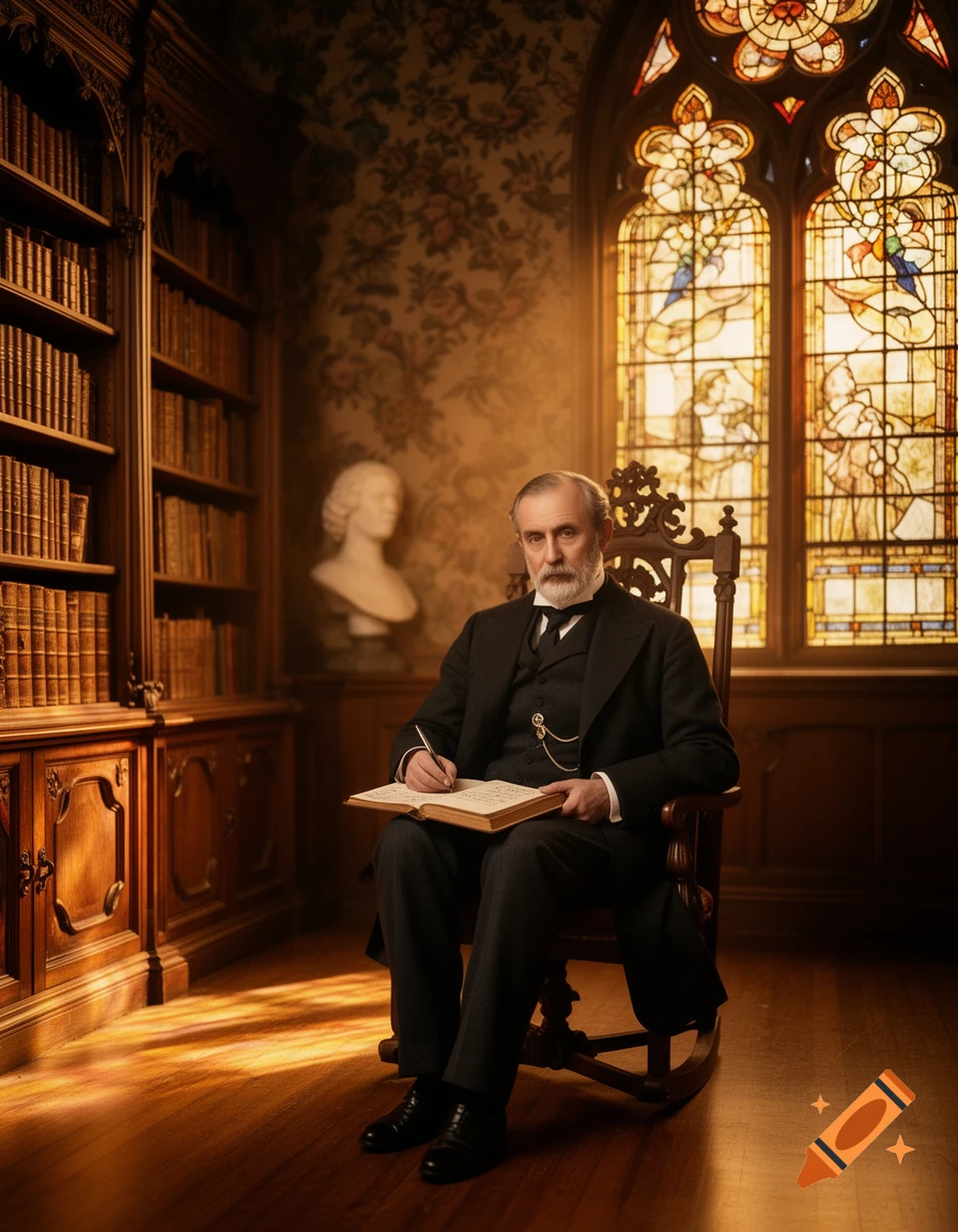 A man with a beard and suit sits in a rocking chair, writing in a book in a warmly lit library with stained glass windows. Photorealistic.