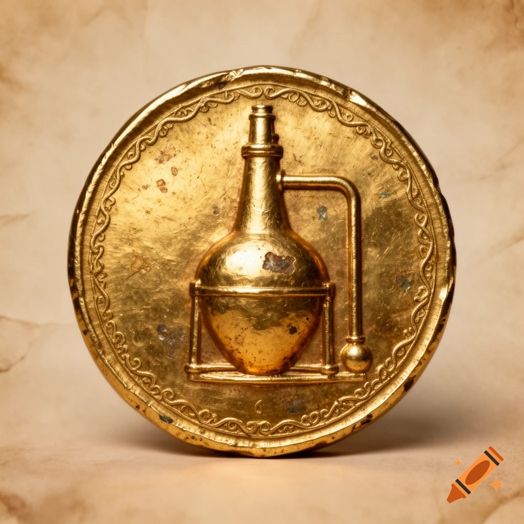 A detailed, aged gold coin relief featuring an alchemical alembic distilling, surrounded by decorative patterns.