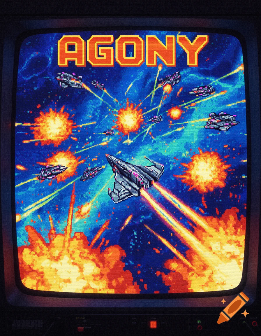 Pixel art retro video game on a CRT screen showing spaceships, explosions, and the title AGONY.