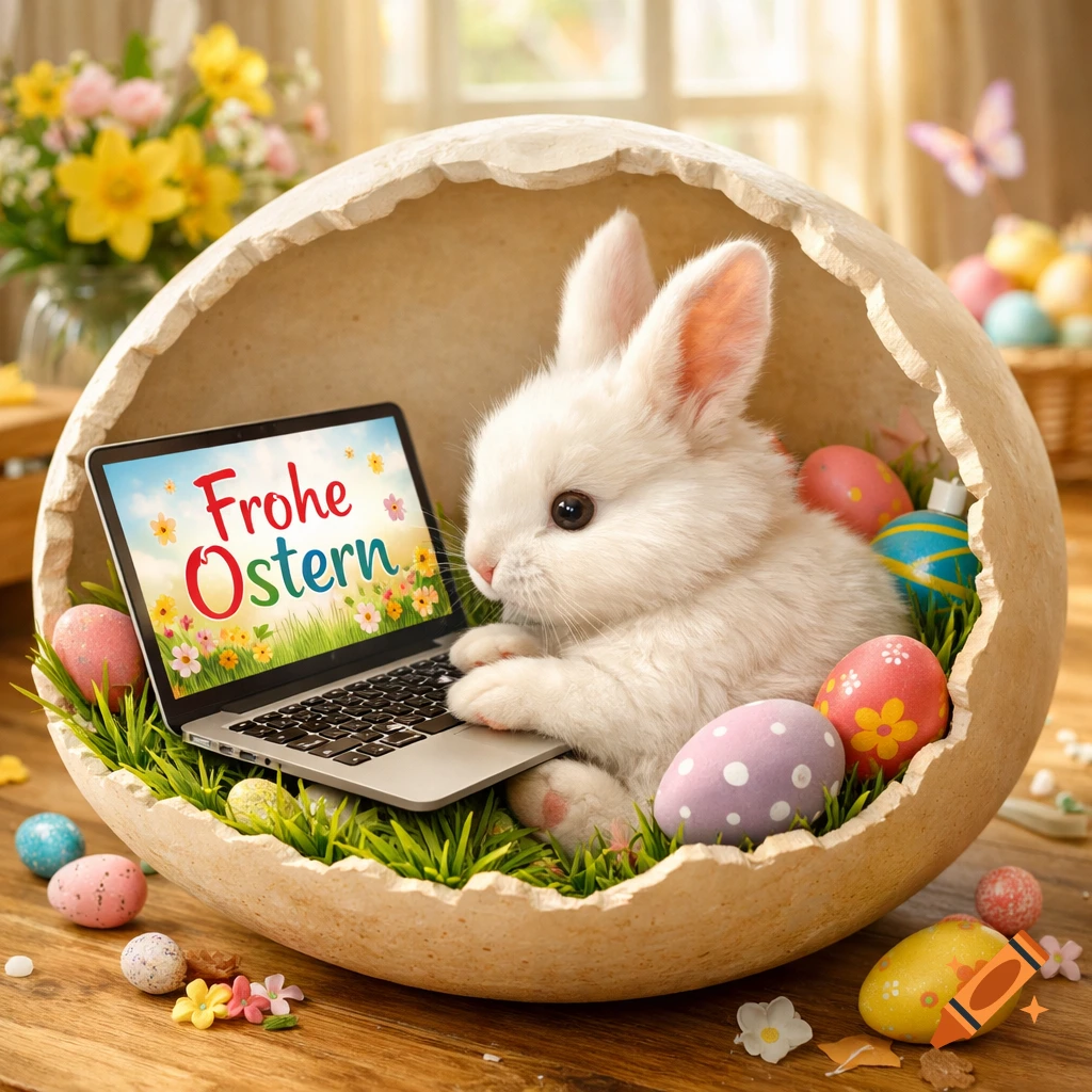 A cute white bunny sits inside a cracked Easter egg, typing 'Frohe Ostern' on a laptop, surrounded by colorful eggs.