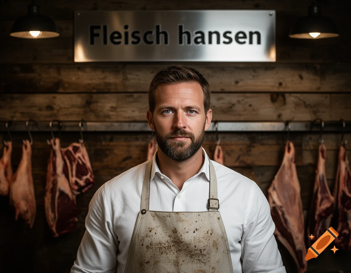 A bearded man in a white shirt and stained apron stands in a butcher shop under a 'Fleisch hansen' sign, with cuts of meat hanging behind him. Photorealistic.