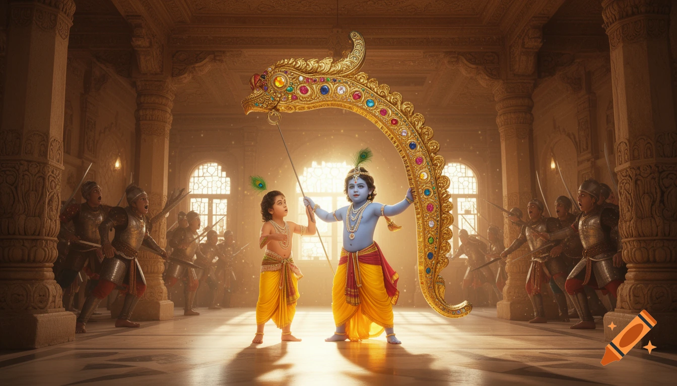 Young Krishna and friend lift a giant jeweled bow in a grand palace as astonished guards react, illuminated by sunlight.