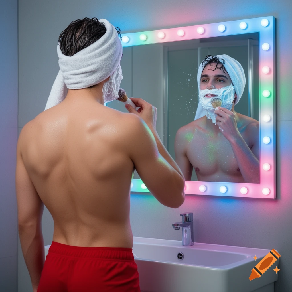 Photorealistic image of a young man with a towel on his head, seen from behind, applying shaving cream with a brush in front of a multicolored LED-lit mirror.