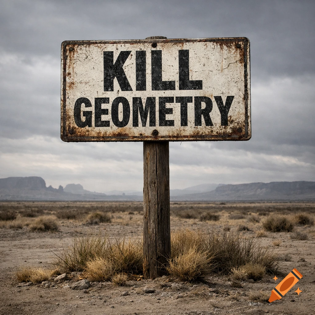 A weathered, rusty sign reading 'KILL GEOMETRY' stands in a barren desert landscape under an overcast sky, photorealistic.