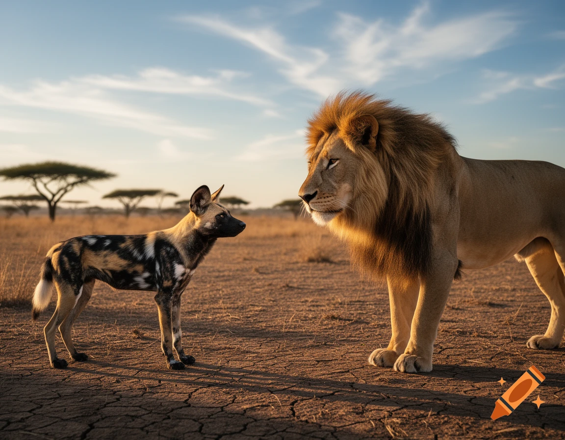 A wild dog and a lion stand facing each other in a dry, cracked savanna at sunset, with acacia trees in the background.