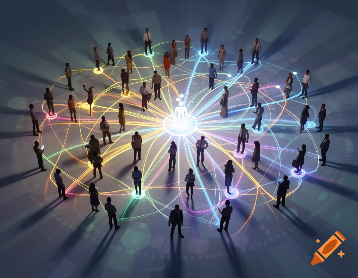 Digital illustration of people connected by a glowing, multicolored network, with a central figure emitting light.