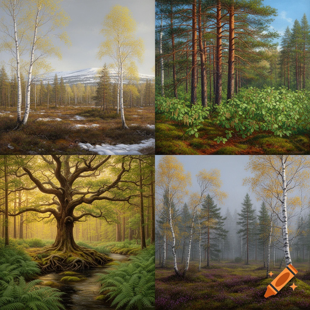 A 2x2 grid of four photorealistic oil paintings depicting forest biome succession: a cold boreal forest with birches and snow, a dense pine-hazel forest, a lush oak forest with a stream, and a misty sub-boreal forest with birches in autumn.