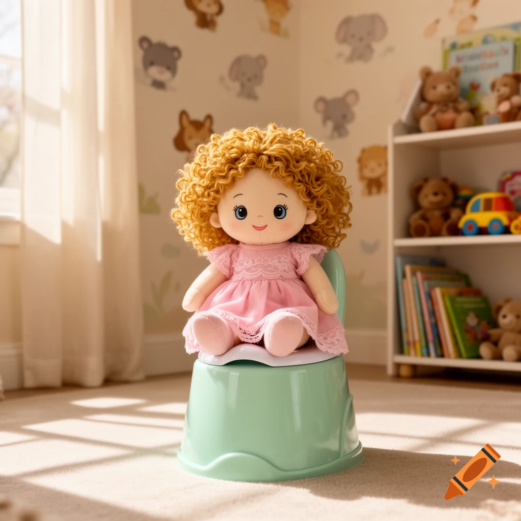 A curly-haired doll in a pink dress sits on a mint green toy potty in a brightly lit child's room with animal decals and a bookshelf.