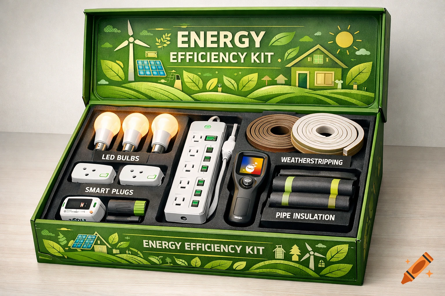 An open green box labeled "Energy Efficiency Kit" contains LED bulbs, smart plugs, a power strip, weatherstripping, and pipe insulation.
