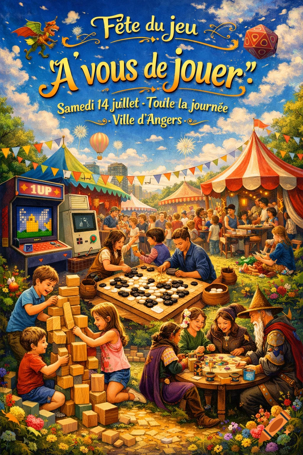A vibrant illustrated poster for a game festival showing families playing board games, video games, and building blocks outdoors under a blue sky with tents and city in the background. Text reads "Fete du jeu A vous de jouer"