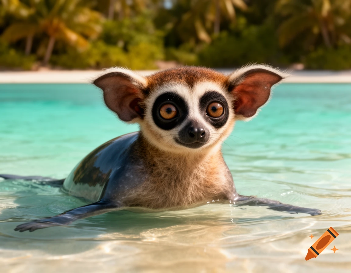 A photorealistic hybrid lemur-porpoise with large eyes and black patches, swimming in shallow tropical water.
