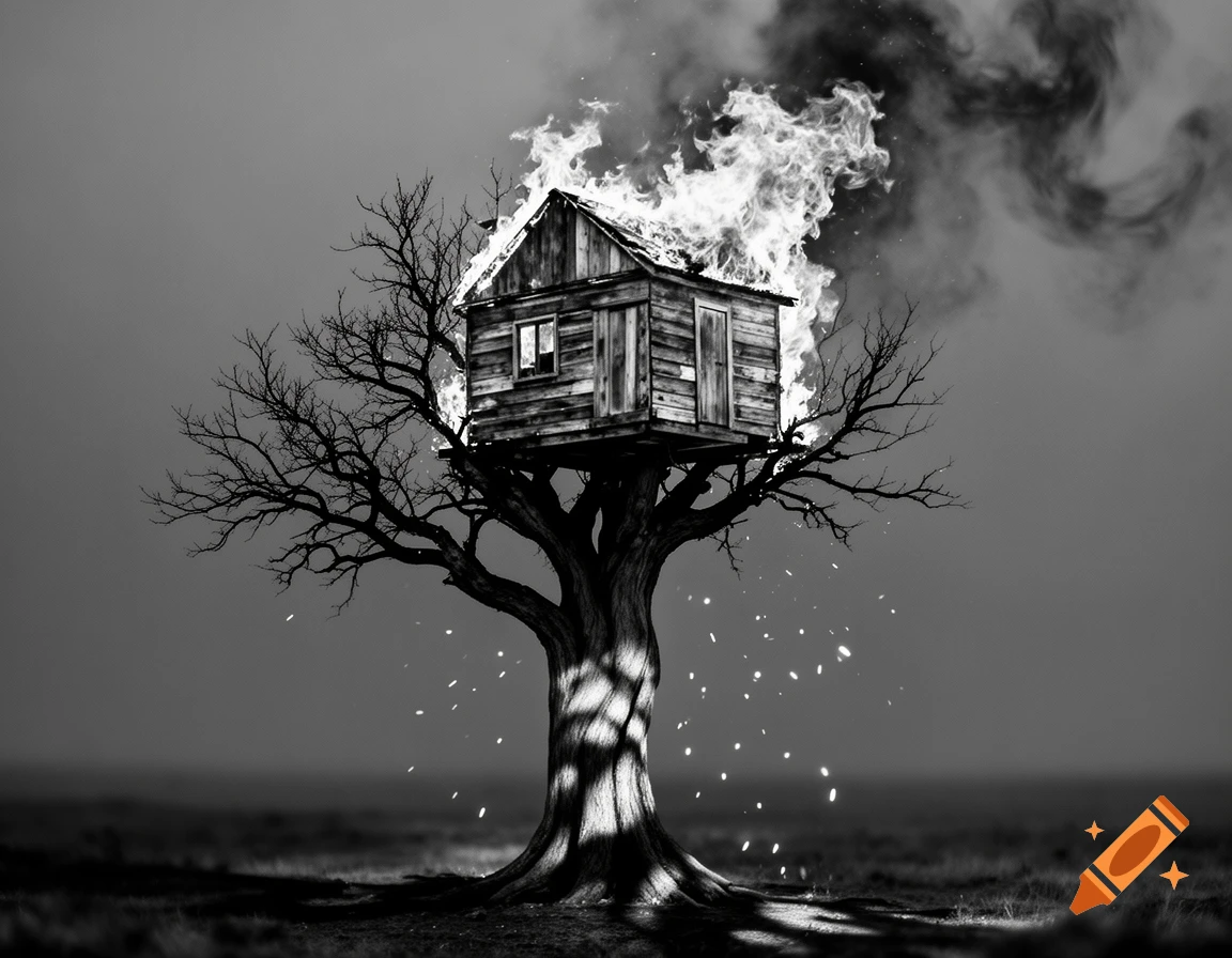 Black and white, dramatic image of a burning wooden house perched atop a tall, bare tree with smoke billowing.