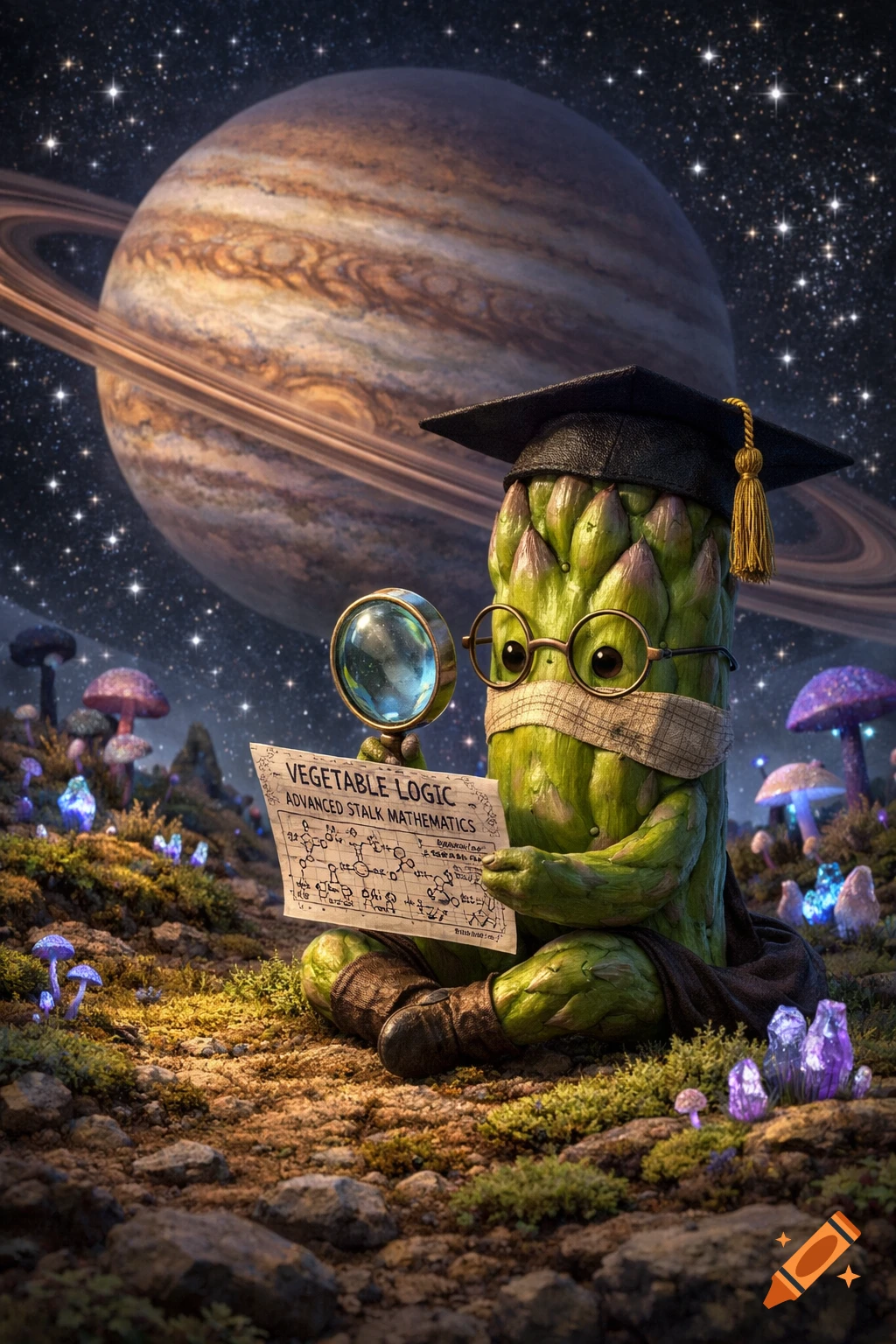A studious asparagus character wearing a graduation cap and spectacles examines a blueprint with a magnifying glass on a mossy alien landscape under a starry sky with a ringed planet.