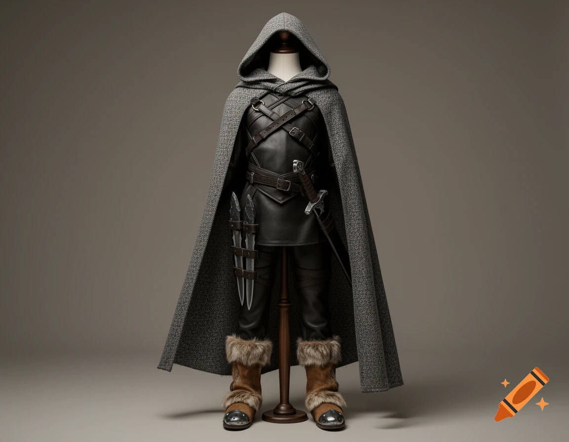 A highly detailed fantasy assassin costume featuring a grey hooded cloak, dark leather armor, a sword, daggers, and fur-trimmed boots on a mannequin.