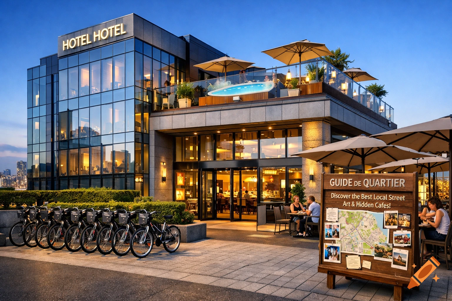 Photorealistic exterior view of a modern hotel at dusk with a rooftop pool, outdoor cafe, and a row of bicycles.
