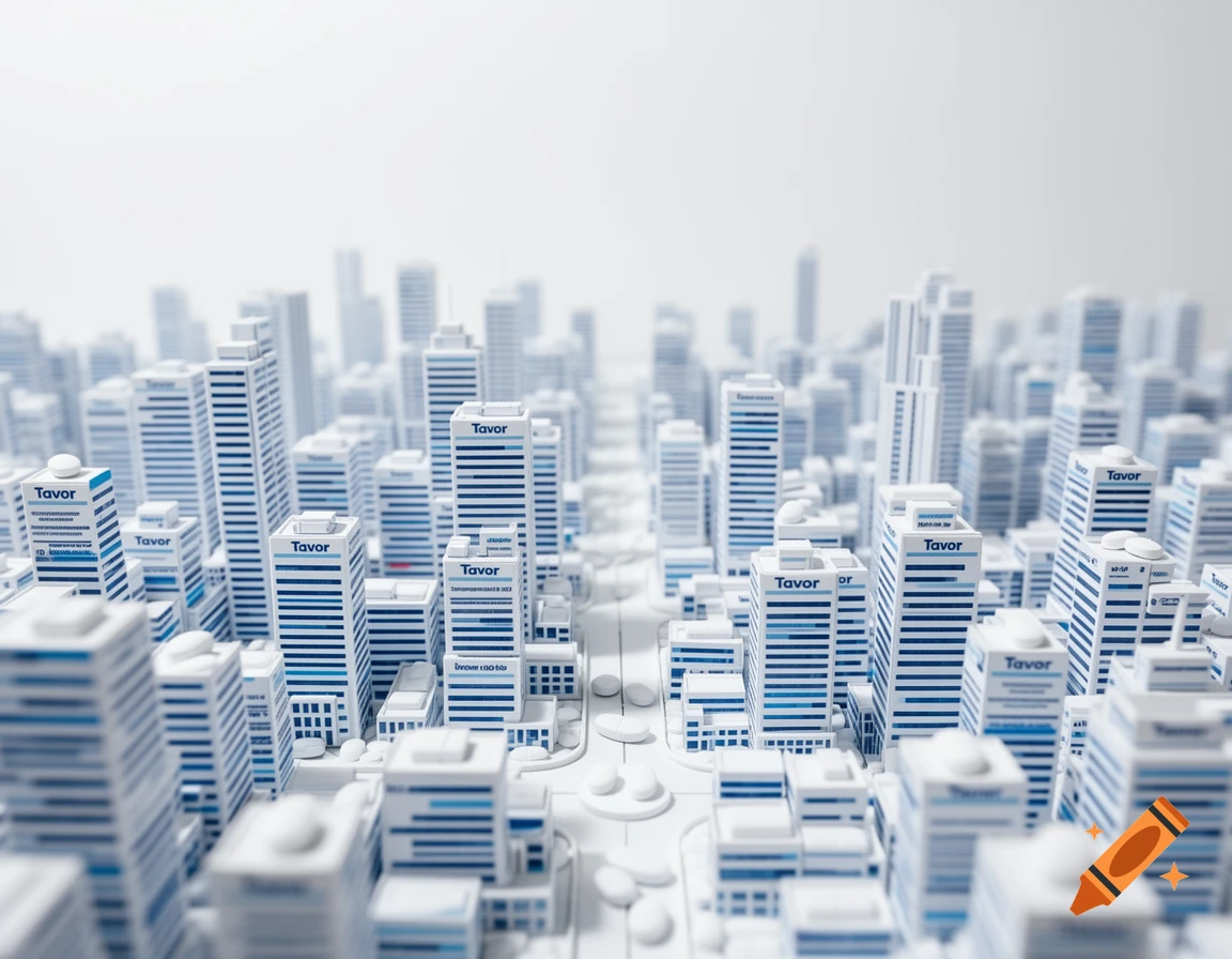 Miniature city made of white and blue skyscrapers, some labeled 'Tavor', against a bright white background.