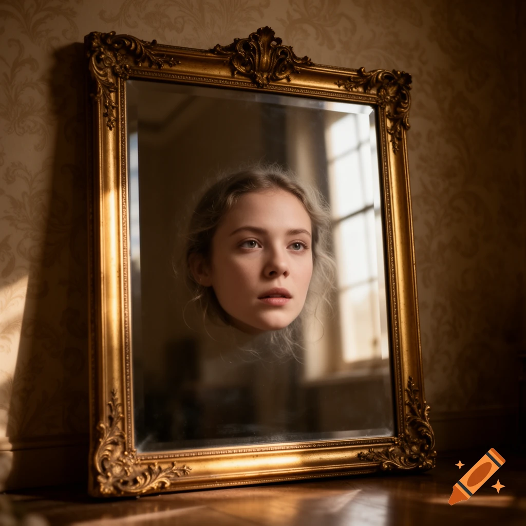 Photorealistic image of a young woman's head floating, reflected in an ornate gold mirror.