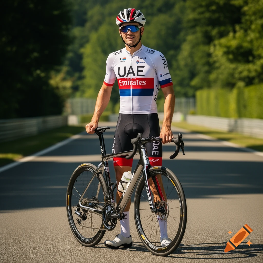 A male cyclist in a white, red, and blue UAE team jersey stands next to his black road bike on an empty paved road with green trees in the background, under a sunny sky. The cyclist wears a helmet, sunglasses, and white cycling shoes.