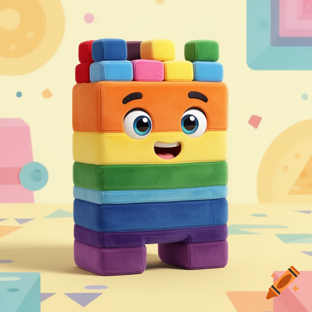 A happy rainbow block character with big blue eyes and a wide smile, standing on a yellow background with abstract shapes.