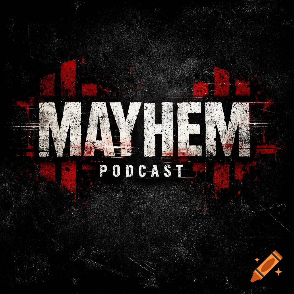 A grunge-style podcast logo with 'MAYHEM' in distressed white letters and 'PODCAST' below, on a dark, scratched background with red accents.