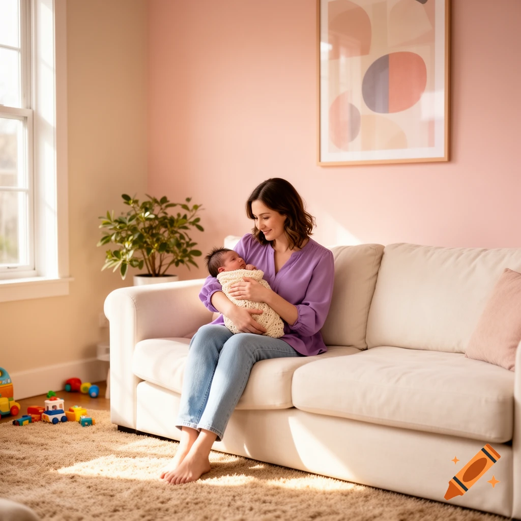 A smiling mom holds her swaddled newborn baby on a white couch in a bright living room, surrounded by toys.
