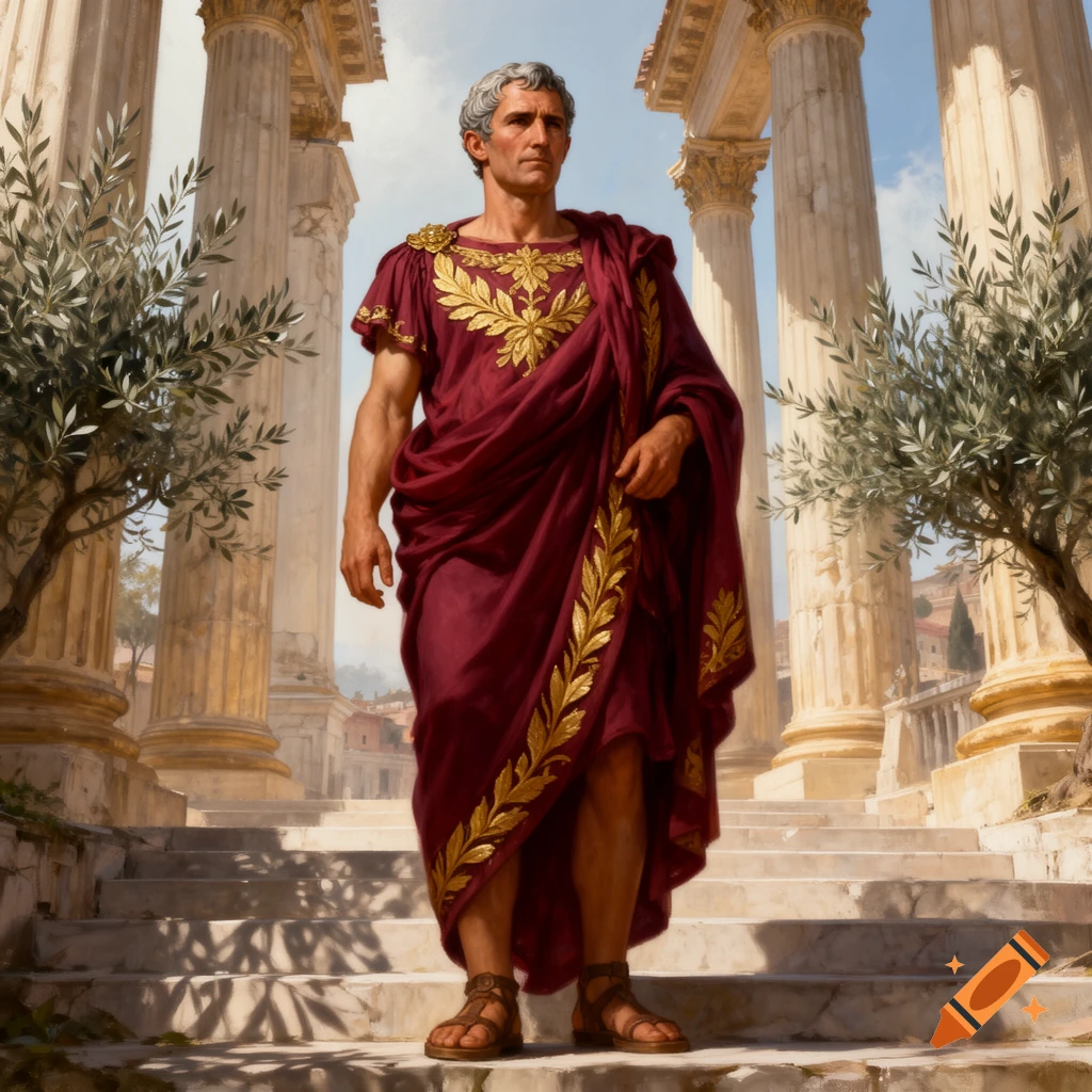 A man resembling Julius Caesar in a maroon toga with gold embroidery stands on steps amidst classical Roman columns and olive trees.