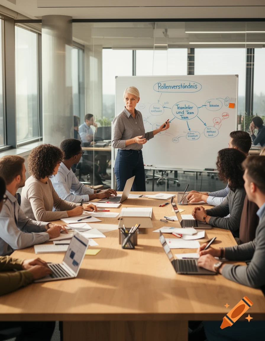 A woman presenting at a whiteboard to colleagues seated around a table in a modern office.