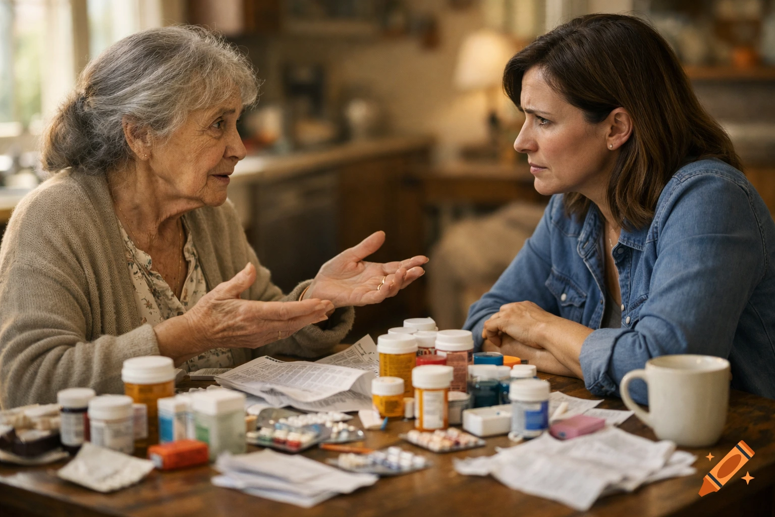 Elderly mother and adult daughter discuss medication over a table cluttered with pill bottles in a realistic photograph.