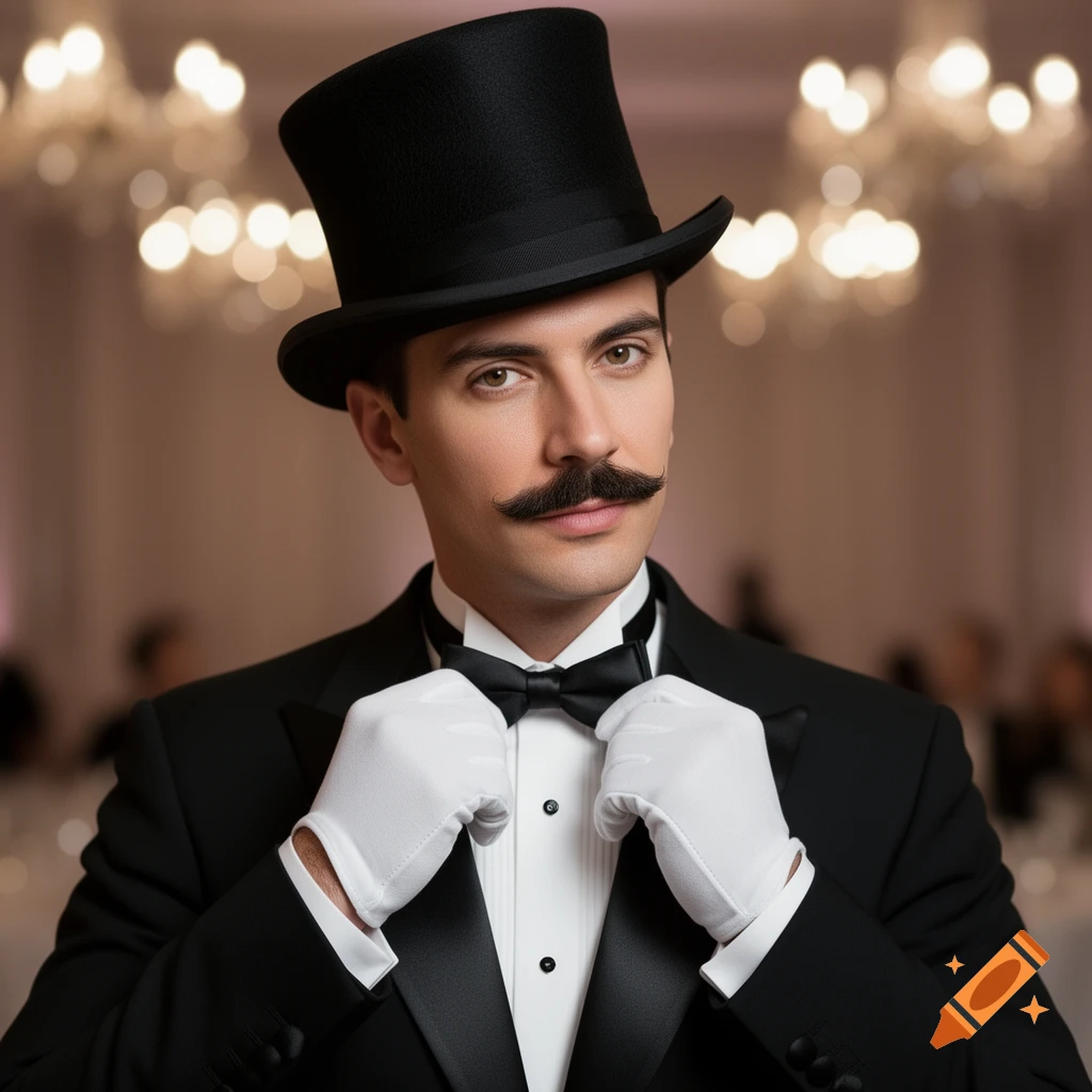 A man with a mustache and top hat, wearing a tuxedo and white gloves, adjusts his bow tie.