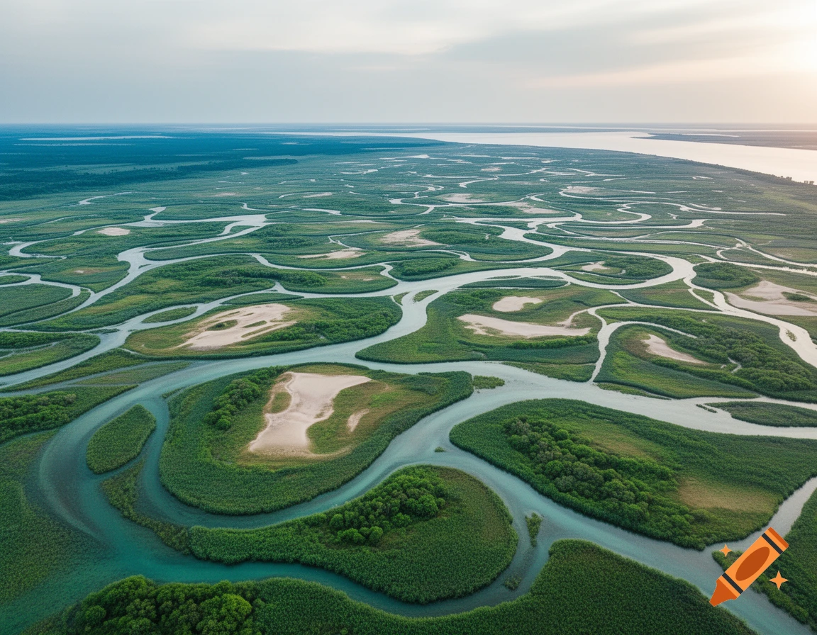 Aerial view of a vast, winding river delta with lush green vegetation and sandbanks, flowing into a wider body of water under a light sky.