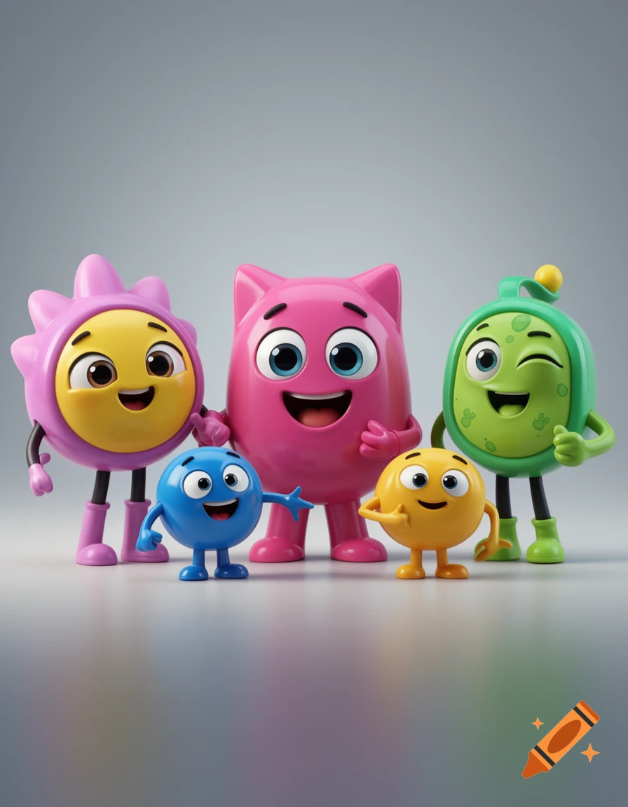 Five colorful, stylized cartoon characters with big eyes and smiles, rendered in 3D, standing on a grey surface.