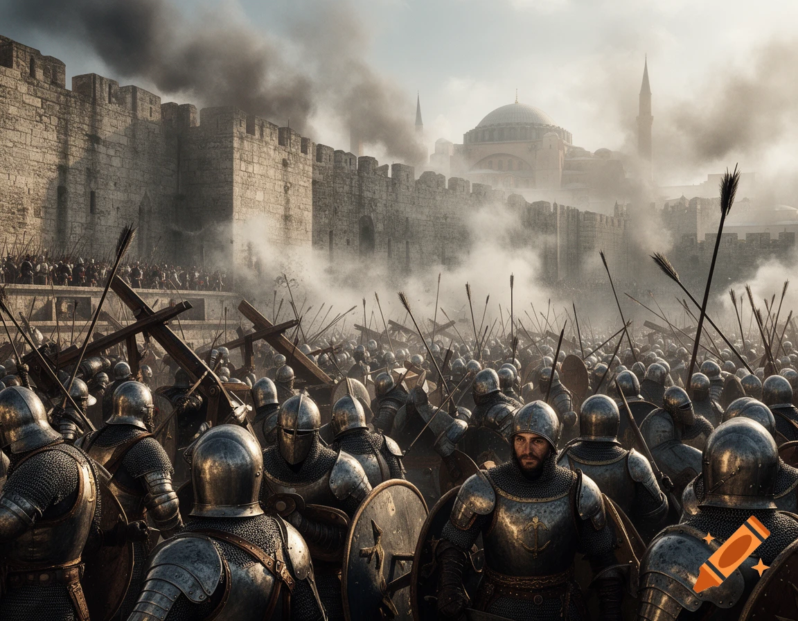 Photorealistic image of a medieval army in armor advancing on a walled city, with Hagia Sophia visible through smoke.