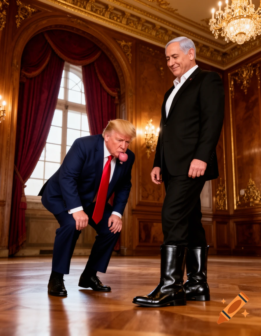 Donald Trump, in a blue suit, bends low towards Benjamin Netanyahu's shiny black boots in an opulent, gold-adorned room. Trump has a pink bubble emerging from his mouth, while Netanyahu stands upright, smiling down at him.