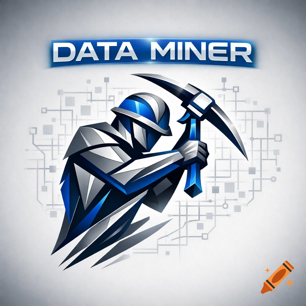 A stylized blue and silver polygonal figure of a data miner holding a pickaxe, with 'DATA MINER' text above on a circuit board background.