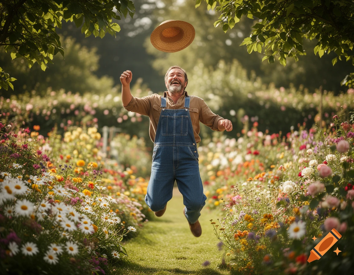 A joyful man in overalls jumps amidst a vibrant flower garden, tossing his straw hat in the air, photorealistic.