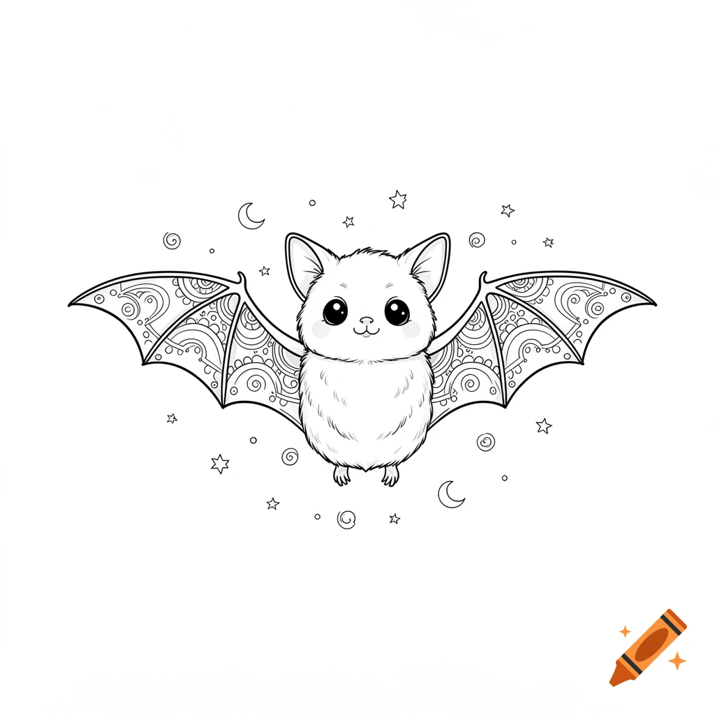 Black and white line art of a cute bat with large eyes and patterned wings, surrounded by small stars and moons, suitable for coloring.