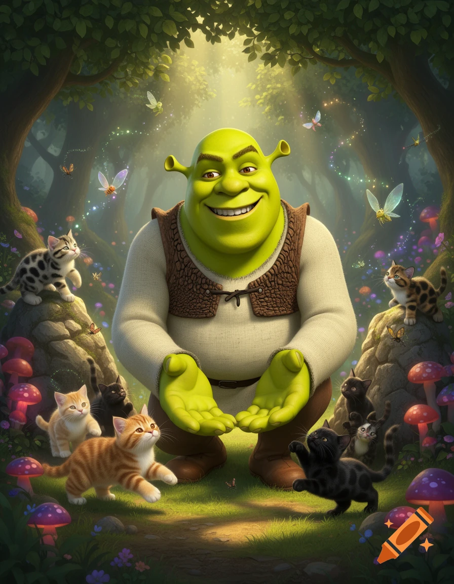 A vibrant image of Shrek smiling, surrounded by playful kittens and glowing butterflies in a sunlit fantasy forest.