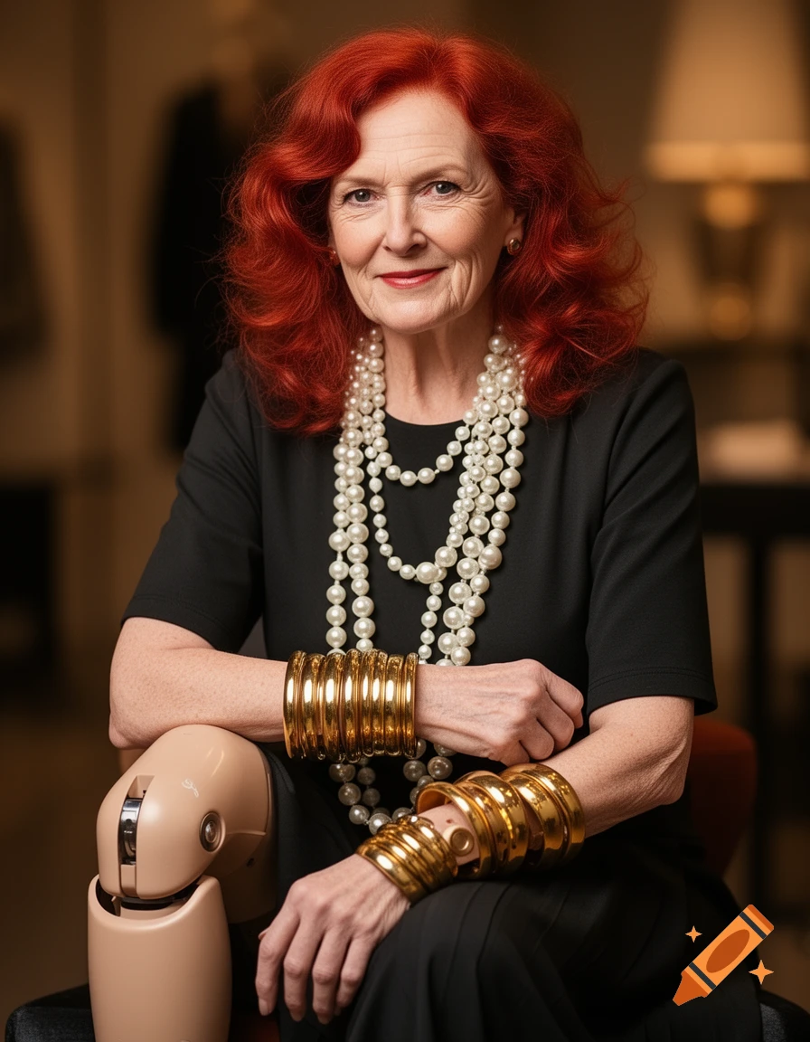 A smiling elderly woman with wavy red hair wears multiple pearl necklaces and large gold bangles. She has a realistic prosthetic leg.