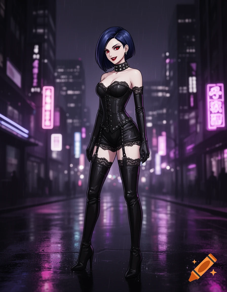 An anime goth girl in a black corset, shorts, and thigh-high boots stands on a rainy city street at night with neon lights.