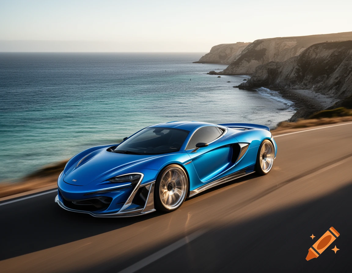 A sleek blue sports car drives along a winding coastal road with the ocean and cliffs in the background under a clear sky.