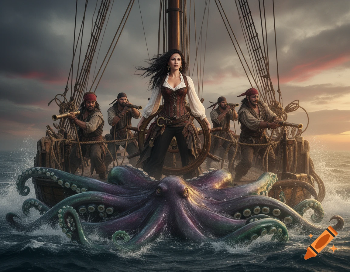 A female pirate captain and her crew on a ship confront a giant purple octopus in stormy seas at sunset.