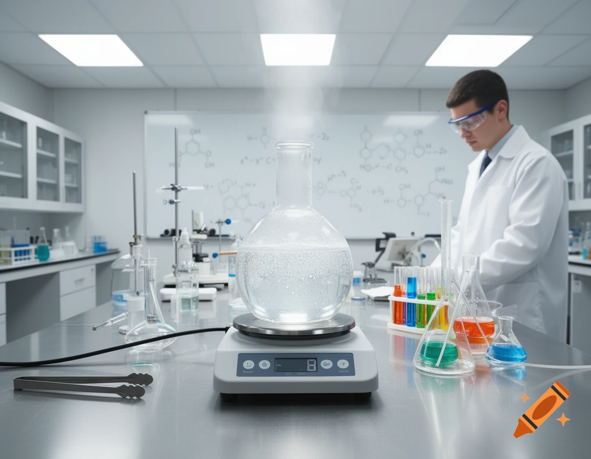 A scientist in a white coat and safety goggles conducts an experiment in a chemistry lab, with a flask evaporating on a hot plate and various beakers and test tubes filled with colorful liquids.