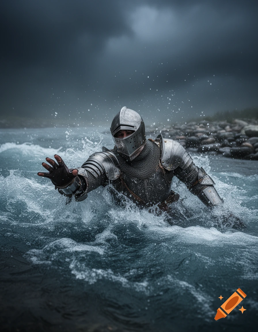 A knight in full plate armor struggles in turbulent, dark water under a stormy sky, reaching out.