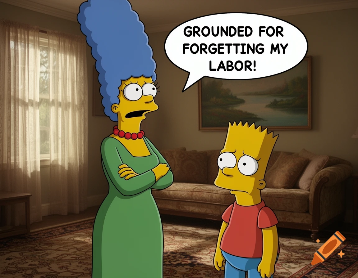 Marge Simpson sternly grounds a sad Bart Simpson in a living room, with Marge saying, "GROUNDED FOR FORGETTING MY LABOR!"