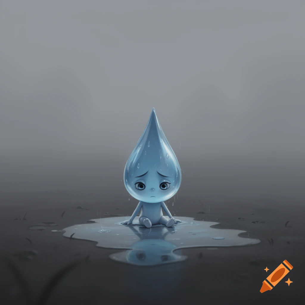 A sad, blue cartoon water drop character with arms and legs sits in a puddle on a dreary gray surface.