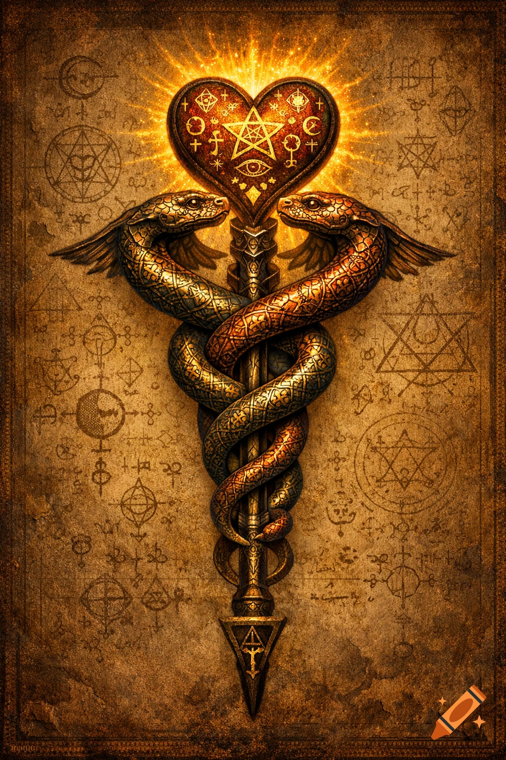 A detailed, glowing, heart-shaped alchemical caduceus with intertwined snakes against a backdrop of esoteric symbols.